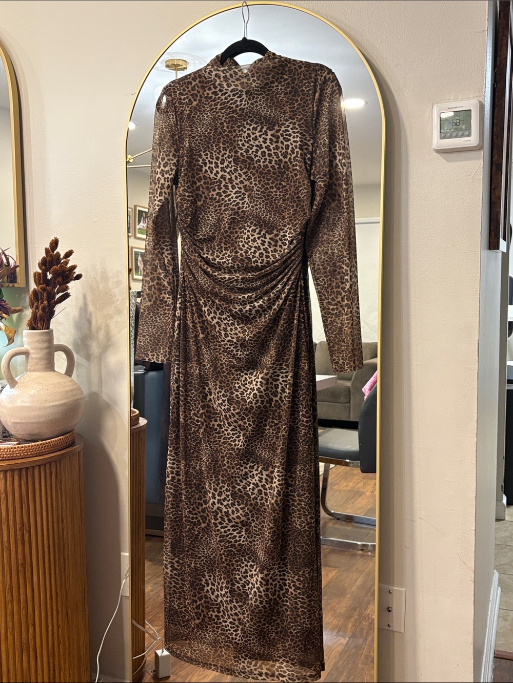 Zara Leopard Print Long Sleeve Ruched Bodycon Women’s Dress